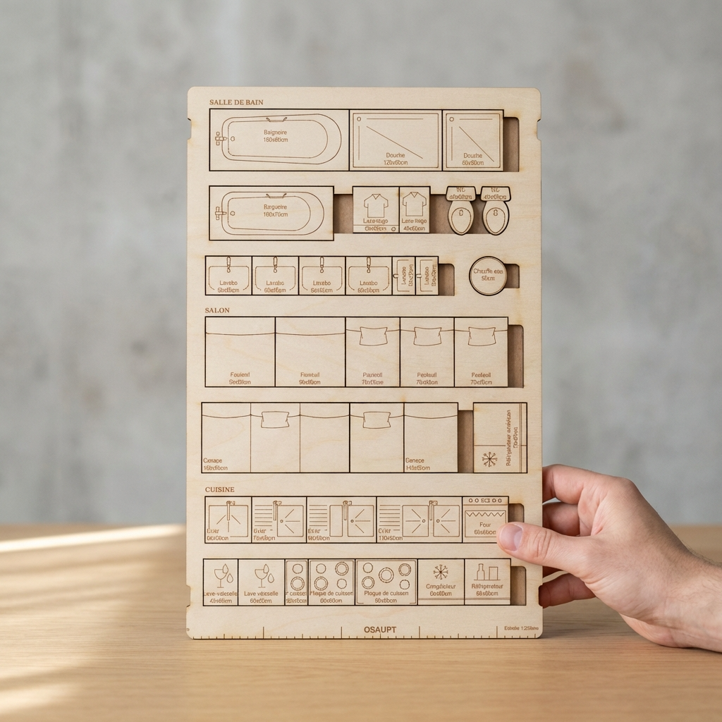 Kit Yoja – Planche en carton 19×29 cm tenue en main Main tenant une planche en carton Kit Yoja 19×29 cm, sur bureau en bois clair avec fond béton flouté et lumière naturelle