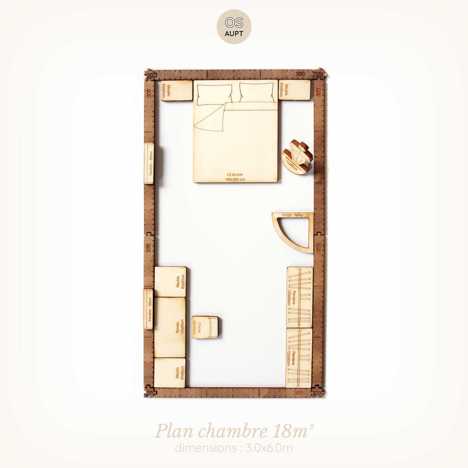 Plan d'une chambre de 18m2 en longueur réalisé avec le kit Yoja