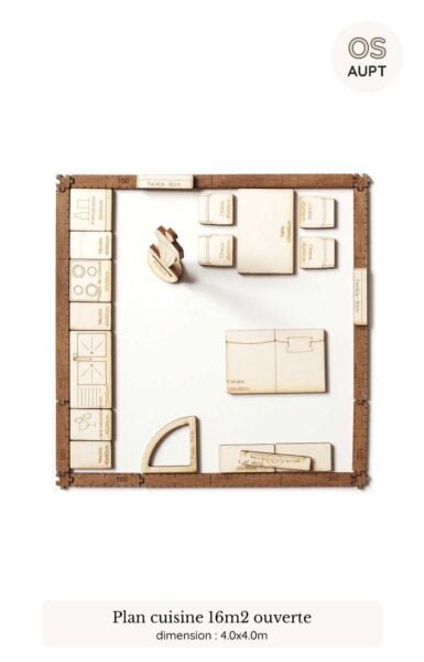 plan cuisine : exemples par surfaces de 4m2 à 16m2 14 plan d'une cuisine de 16m2 ouverte sur le salon et la salle à manger réalisé avec le kit yoja