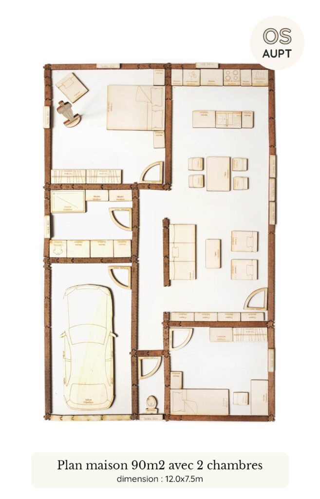 Plan d'une maison de 90m2 plain pied avec 2 chambres réalisé avec le kit Yoja