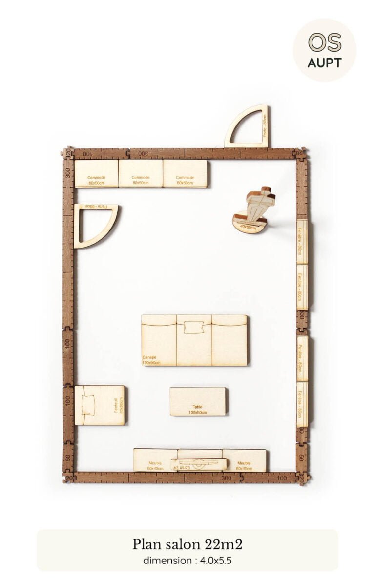 plan d'un salon de 22m2 réalisé avec le kit yoja