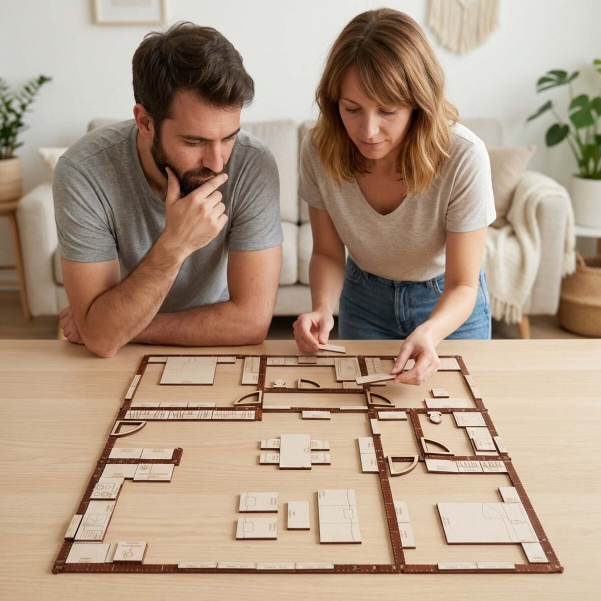 kit-yoja-couple-plan-amenagement-interieur Couple utilisant le Kit Yoja pour créer un plan d’aménagement intérieur à l’échelle 1:25 sur table.