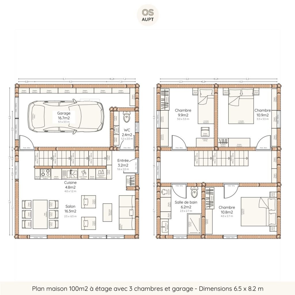 plan maison 100m2 à étage avec 3 chambres et garage - dimensions 6.5 x 8.2 m