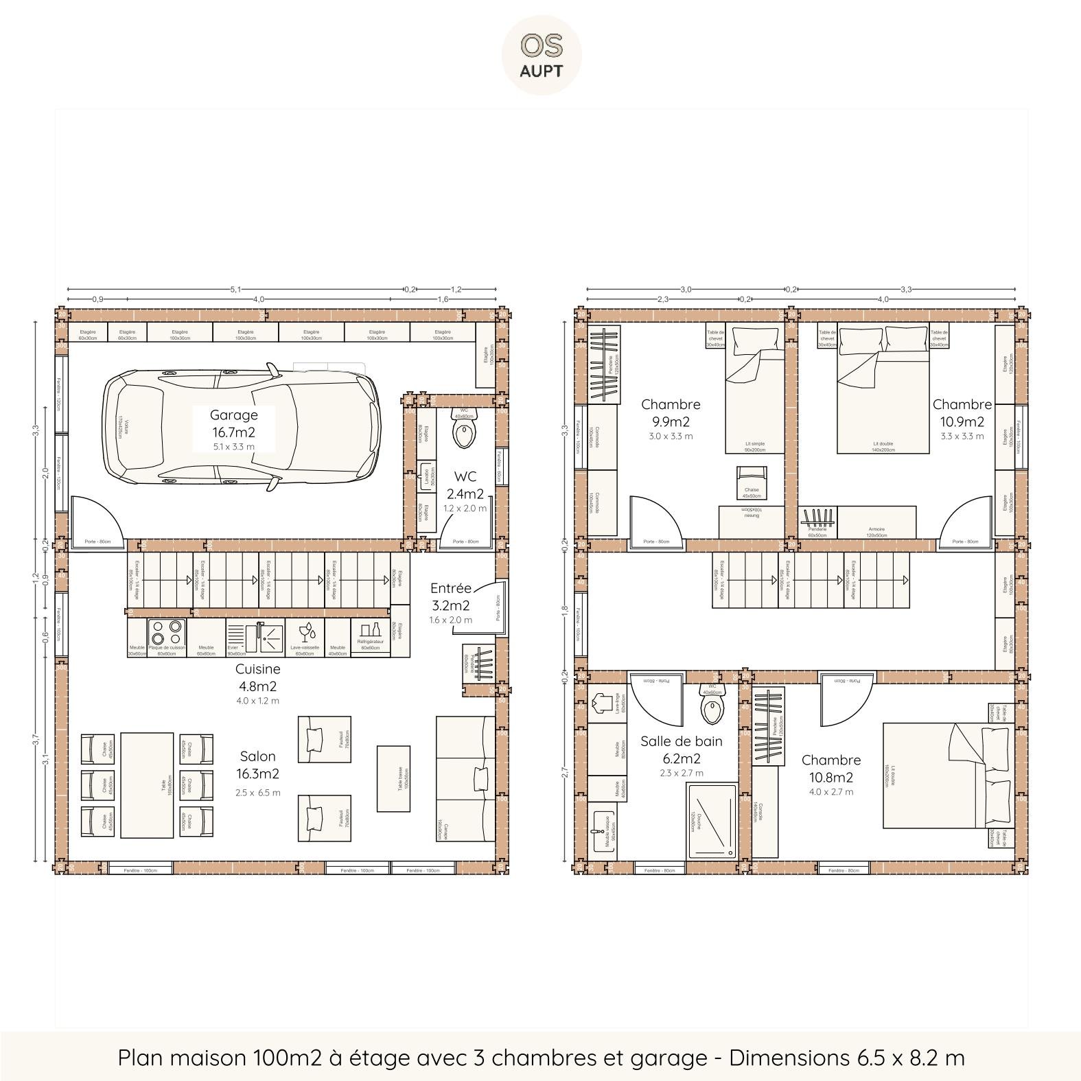 Plan maison 100m2 à étage avec 3 chambres et garage - Dimensions 6.5 x 8.2 m