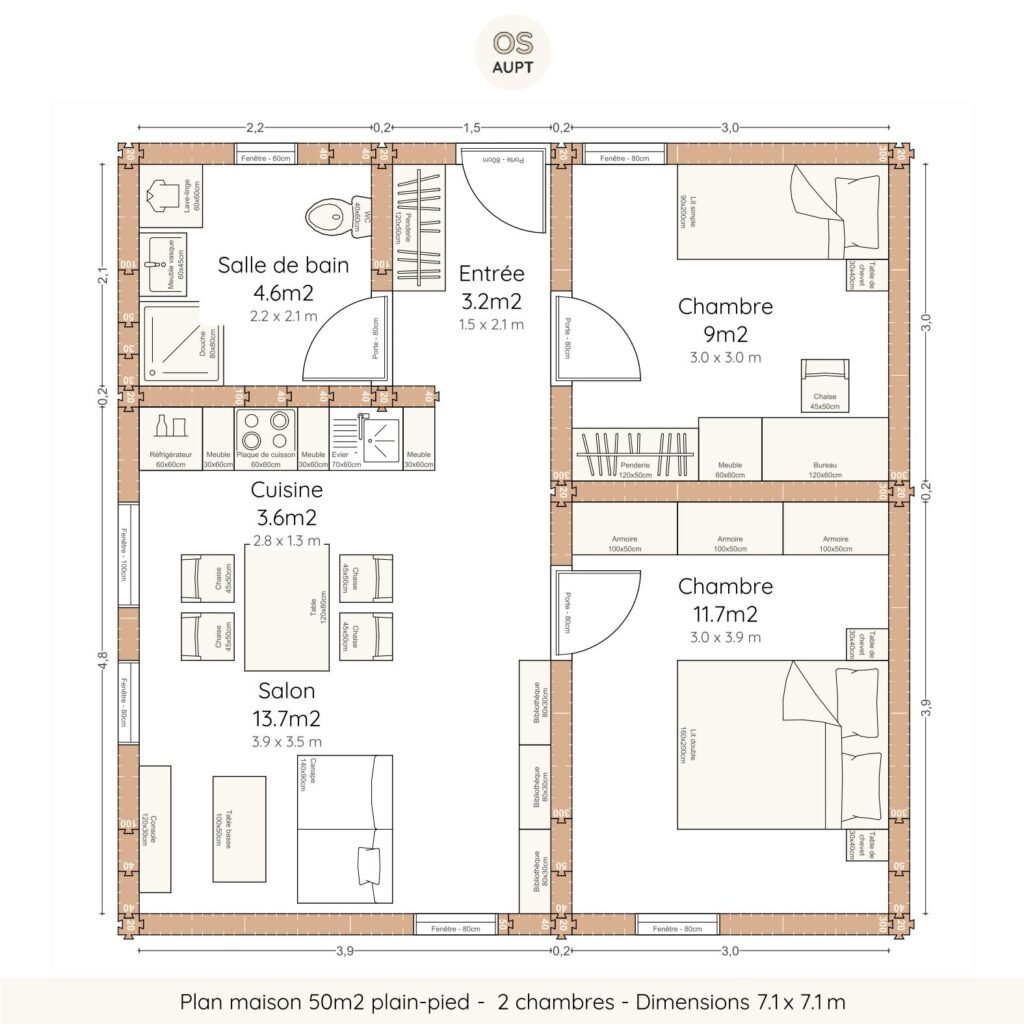 Plan maison 50m2 plain-pied - 2 chambres - Dimensions 7.1 x 7.1 m