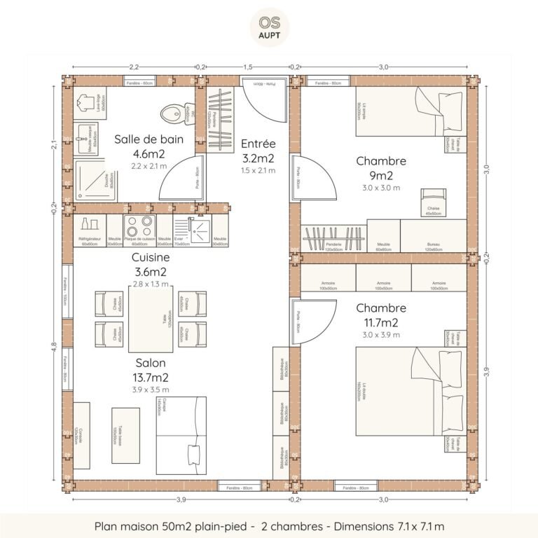 Plan maison 50m2 plain-pied - 2 chambres - Dimensions 7.1 x 7.1 m