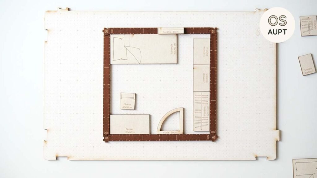 Plan d'une chambre de 9m2 : lit de 90cm perpendiculaire à la porte