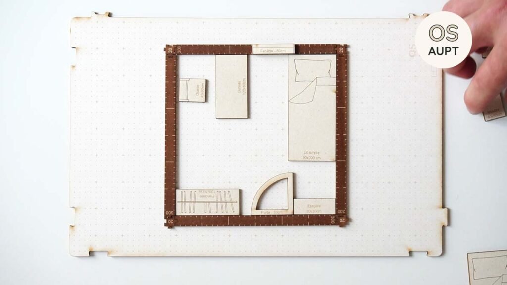 Plan d'une chambre de 9m2 : lit de 90cm avec penderie et bureau
