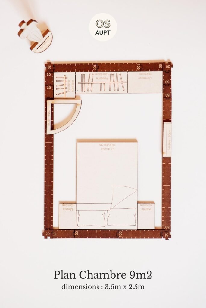 Plan Chambre 9m2 avec lit double 140cm 2 (3.6m x 2.5m)