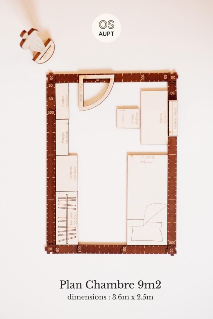 Plan Chambre 9m2 lit simple avec un bureau 1 (3.6m x 2.5m)