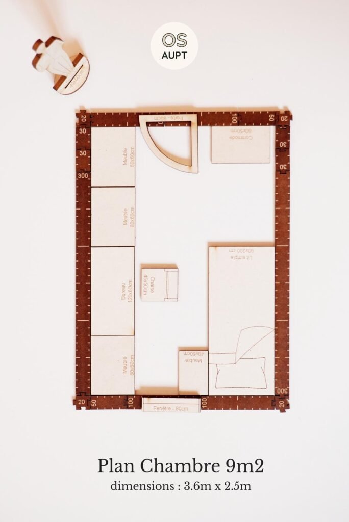 Plan Chambre 9m2 lit simple avec un bureau 2 (3.6m x 2.5m)