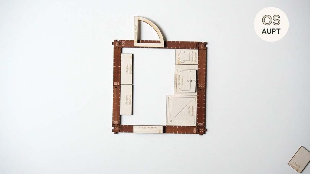 Plan d'une salle de bain de 4m2 dont les dimensions sont de 2.0 x 2.0m. Une douchet, un lavabo et un lave-linge