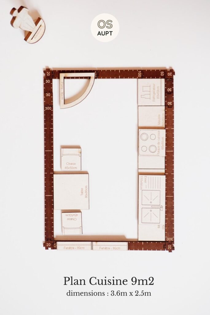 Plan Cuisine 9m2 en I avec petit espace repas