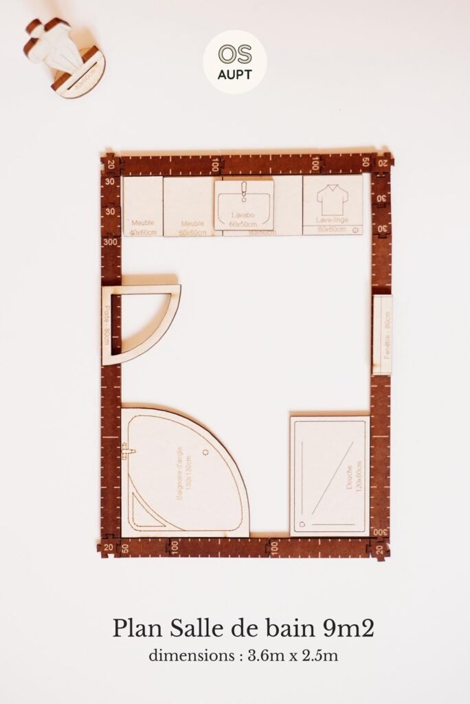 Plan Salle de bain 9m2 avec baignoire d’angle et douche