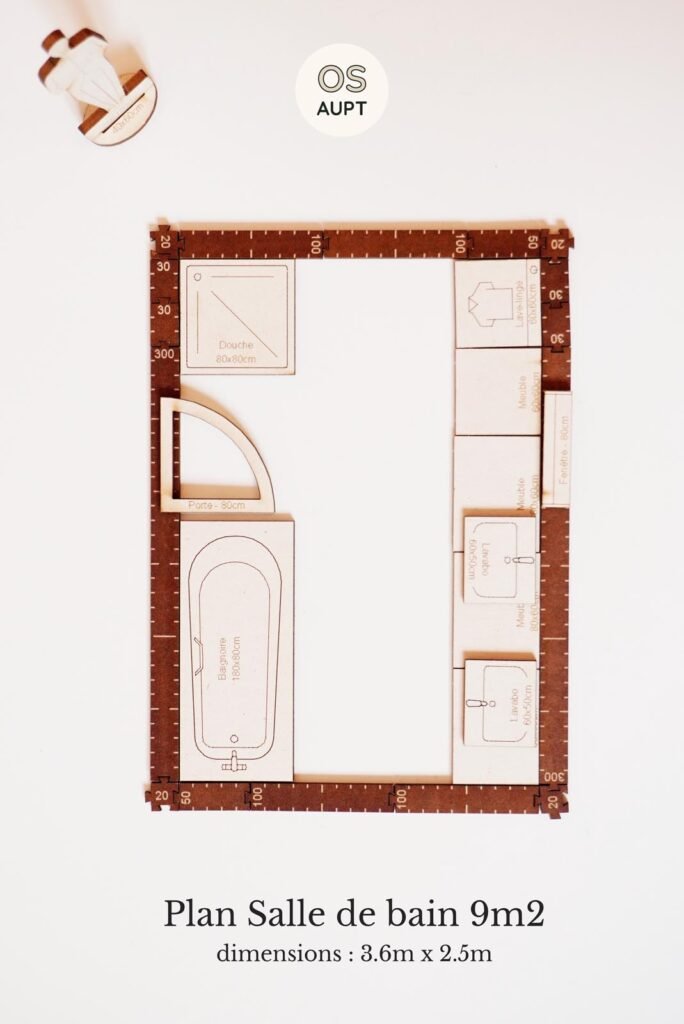 Plan Salle de bain 9m2 linéaire avec baignoire et douche