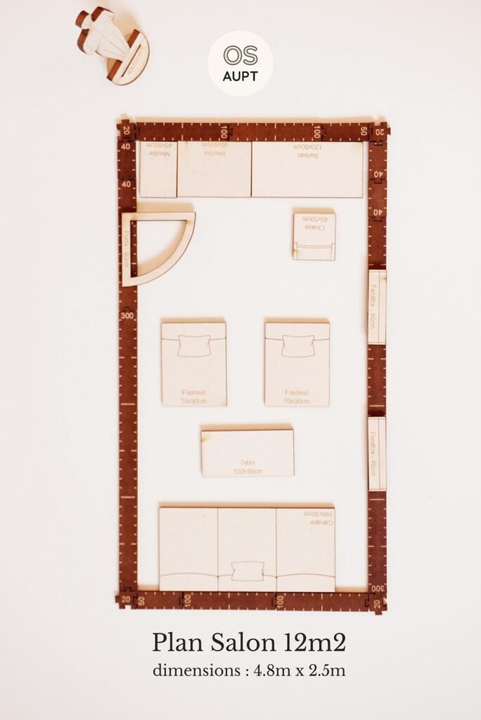 Plan Salon 12m2 avec canape et deux fauteuils