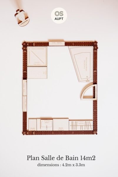 plan salle de bain : exemples par surface 3m2 à 14m2 12 plan salle de bain 14m2 avec penderie, douche et baignoire (4.2m x 3.3m)