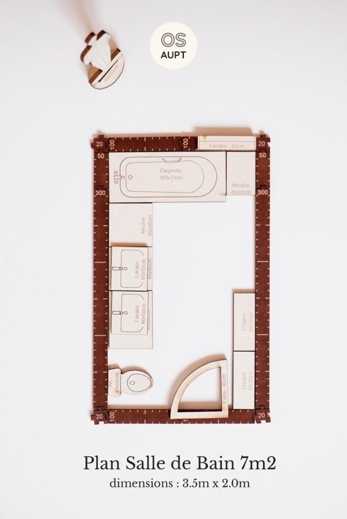 Plan Salle de Bain 7m2 en L avec baignoire et WC (3.5m x 2.0m)