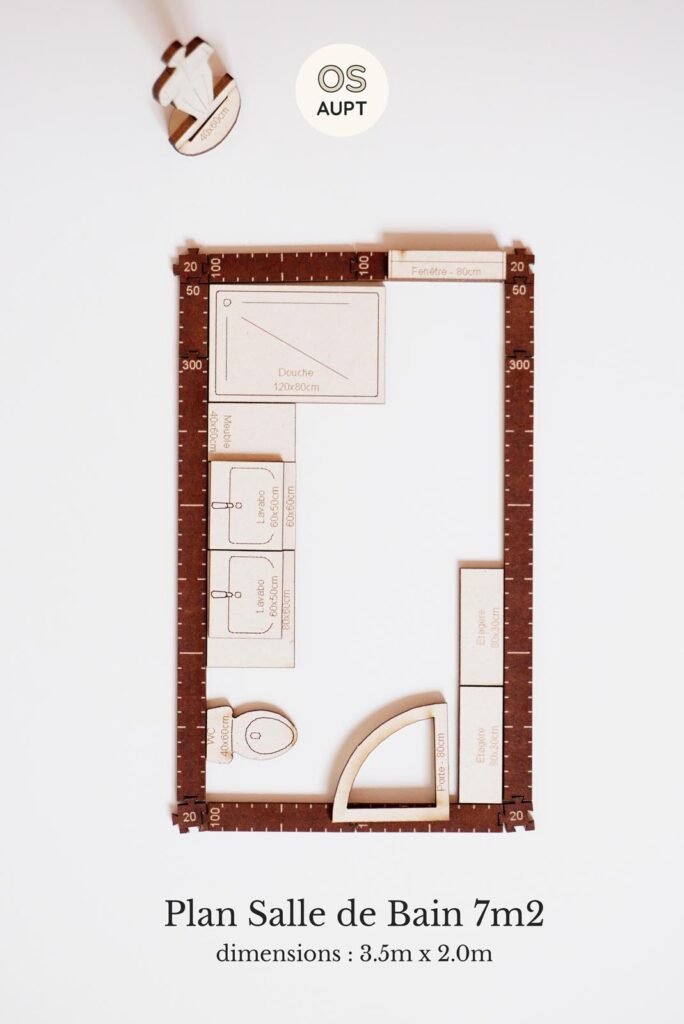 Plan Salle de Bain 7m2 en L avec douche et WC (3.5m x 2.0m)