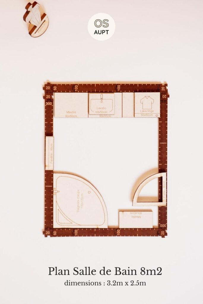 Plan Salle de Bain 8m2 avec baignoire d'angle (3.2m x 2.5m)
