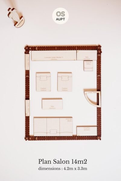 plan salon 14m2 avec canapé et deux fauteuils (4.2m x 3.3m)