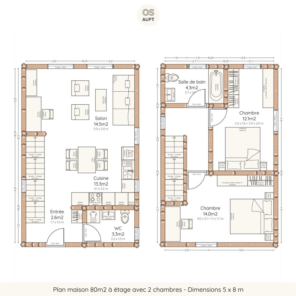 Plan maison 80m2 à étage avec 2 chambres - Dimensions 5 x 8 m