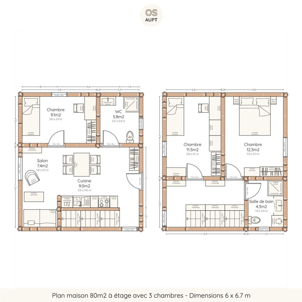 Plan maison 80m2 à étage avec 3 chambres - Dimensions 6 x 6.7 m