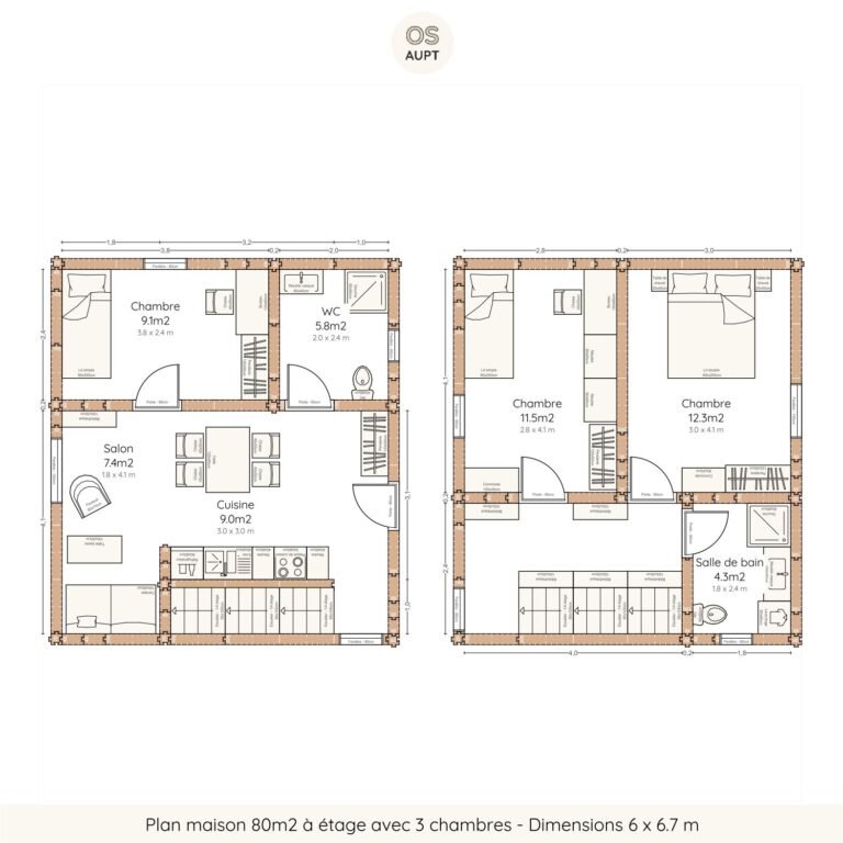 Plan maison 80m2 à étage avec 3 chambres - Dimensions 6 x 6.7 m