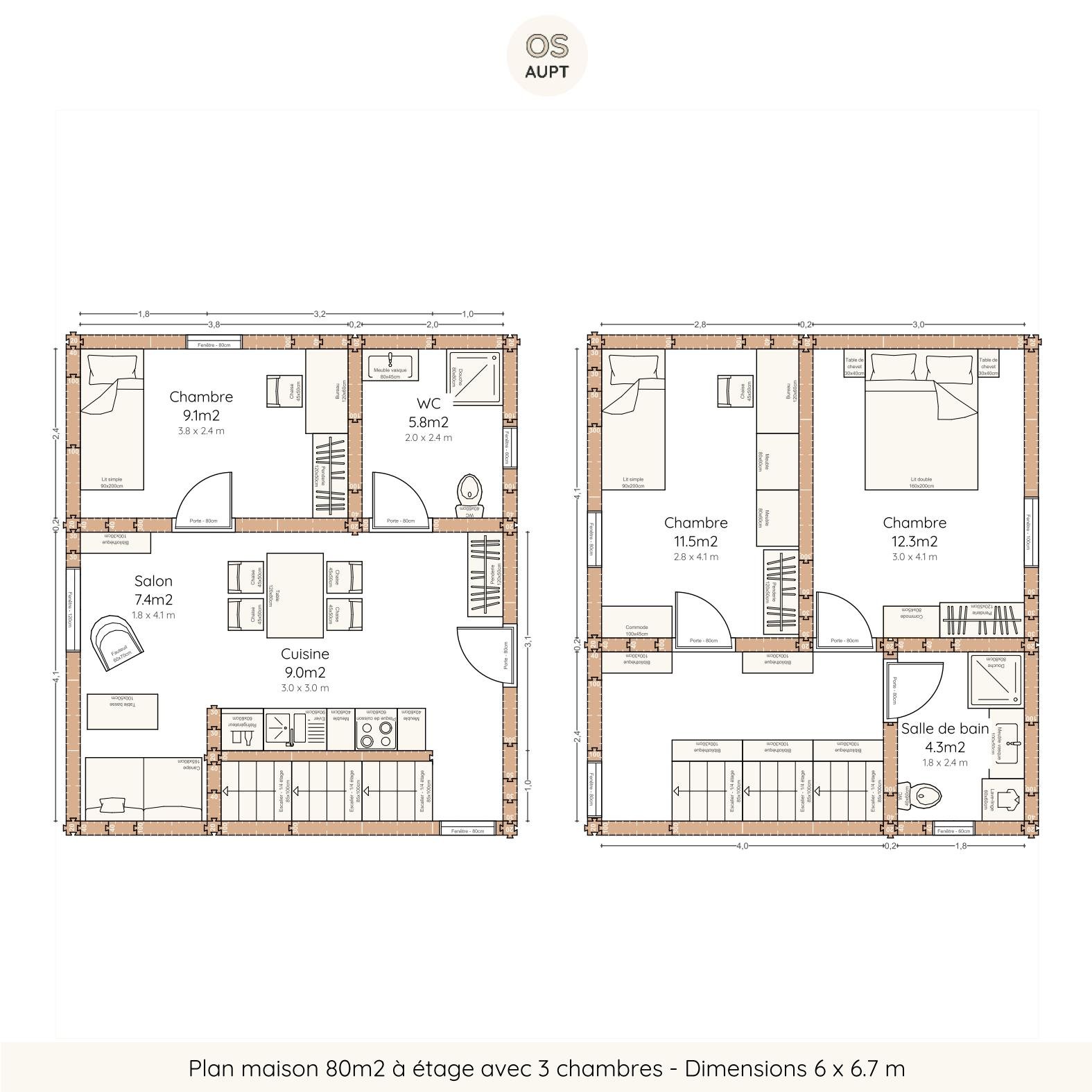Plan maison 80m2 à étage avec 3 chambres - Dimensions 6 x 6.7 m