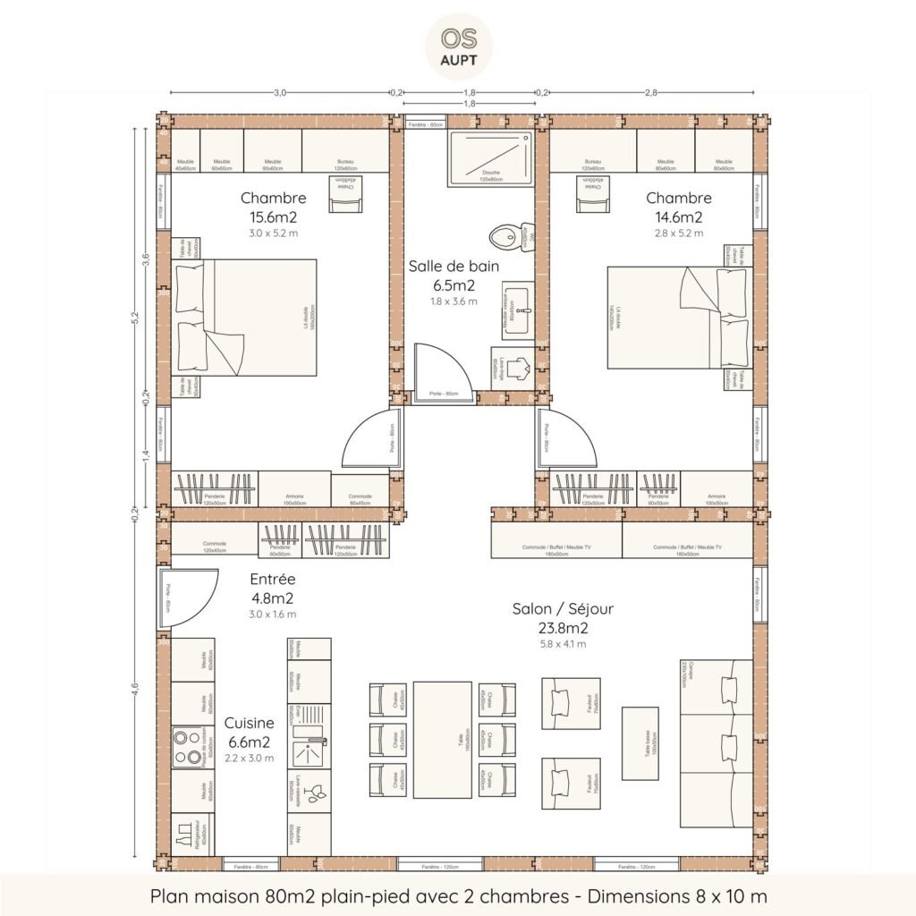 Plan maison 80m2 plain-pied avec 2 chambres - Dimensions 8 x 10 m