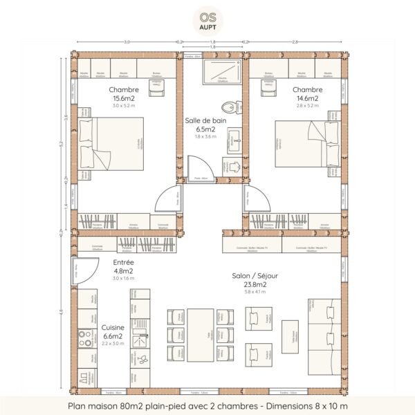 Plan maison 80m2 plain-pied avec 2 chambres - dimensions 8 x 10 m