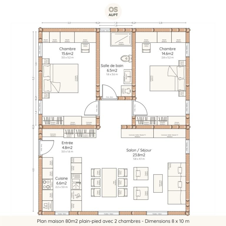 Plan maison 80m2 plain-pied avec 2 chambres - Dimensions 8 x 10 m