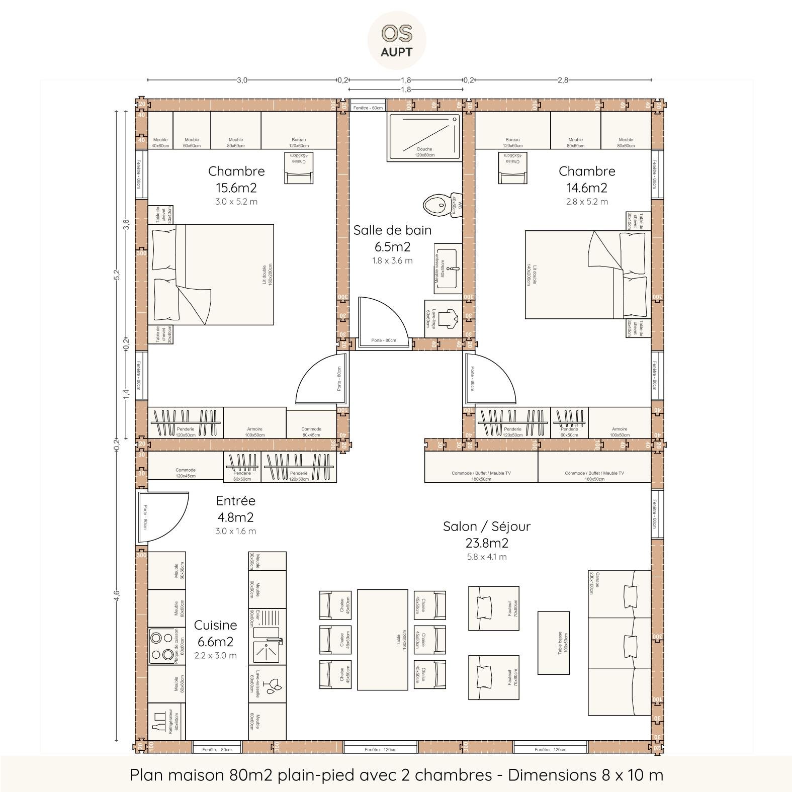 Plan maison 80m2 plain-pied avec 2 chambres - Dimensions 8 x 10 m