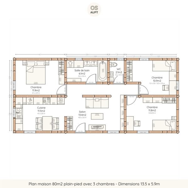 Plan maison 80m2 plain-pied avec 3 chambres - Dimensions 13.5 x 5.9m