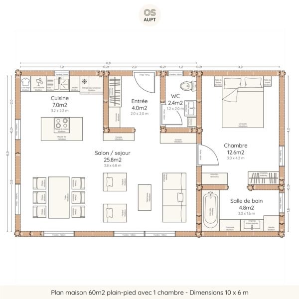 Plan maison 60m2 plain-pied avec 1 chambre - Dimensions 10 x 6 m