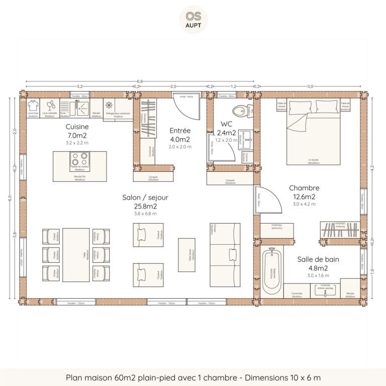 plan maison 60m2 plain-pied avec 1 chambre - dimensions 10 x 6 m