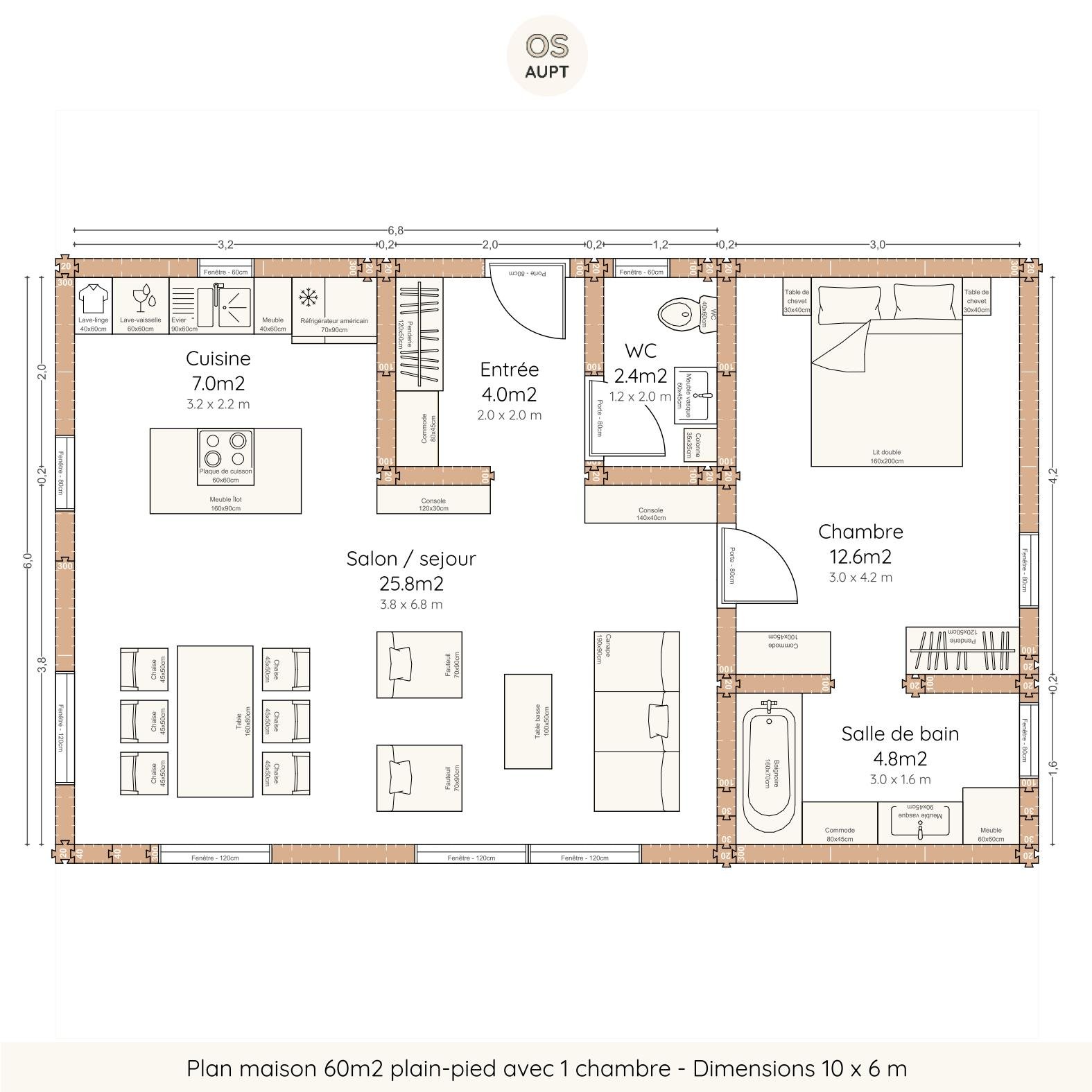 Plan maison 60m2 plain-pied avec 1 chambre - Dimensions 10 x 6 m