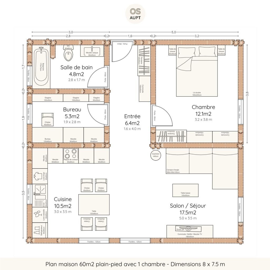 Plan maison 60m2 plain-pied avec 1 chambre - Dimensions 8 x 7.5 m