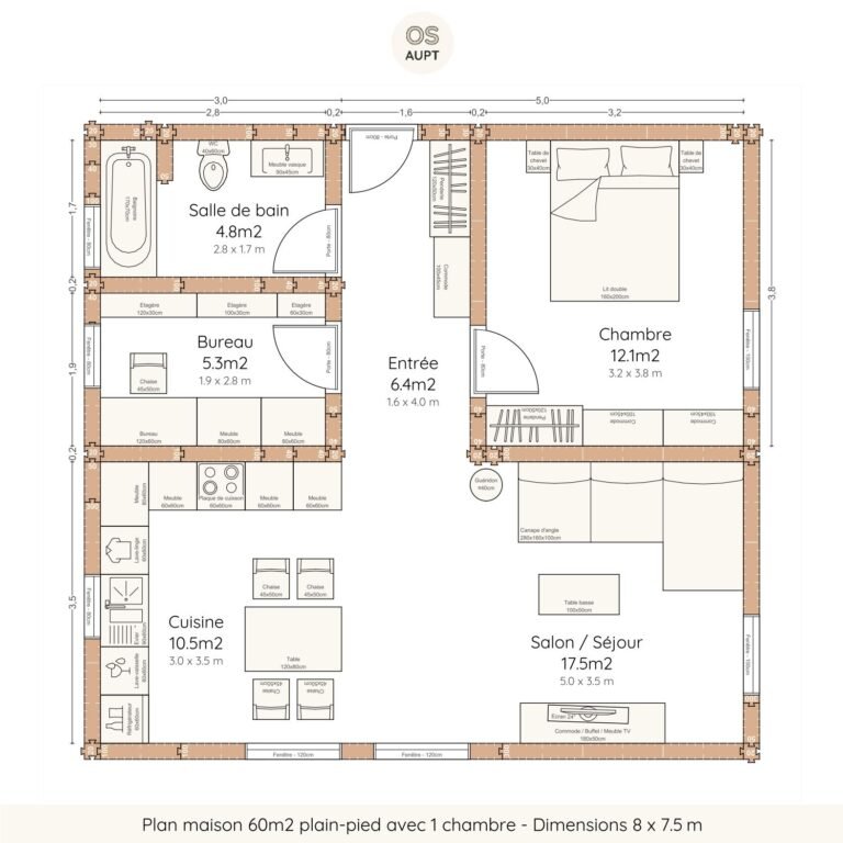 Plan maison 60m2 plain-pied avec 1 chambre - Dimensions 8 x 7.5 m