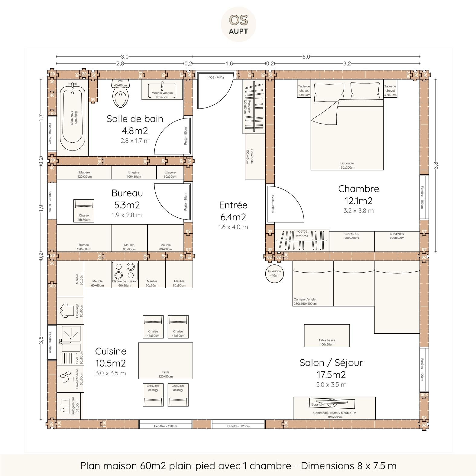 Plan maison 60m2 plain-pied avec 1 chambre - Dimensions 8 x 7.5 m