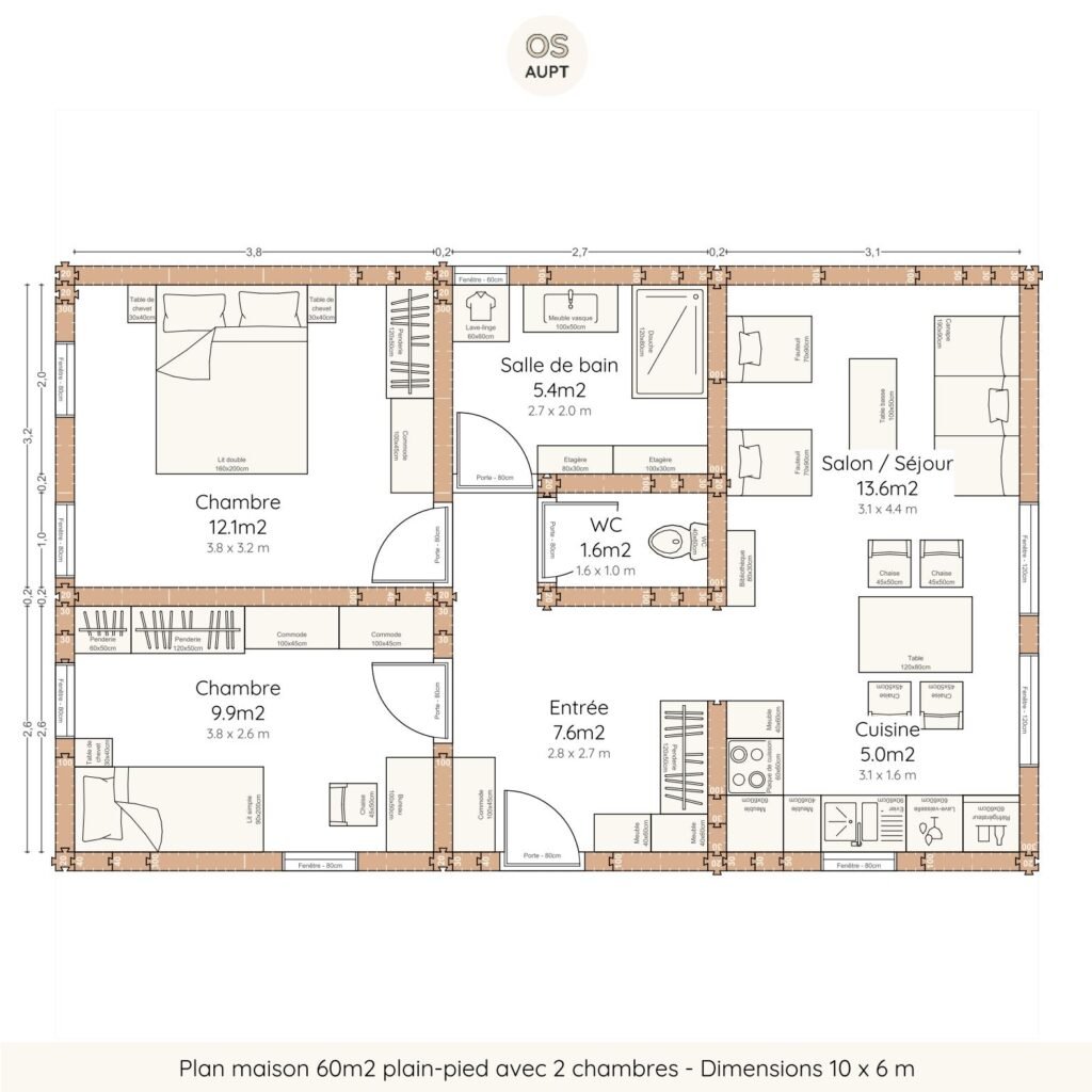 Plan maison 60m2 plain-pied avec 2 chambres - Dimensions 10 x 6 m