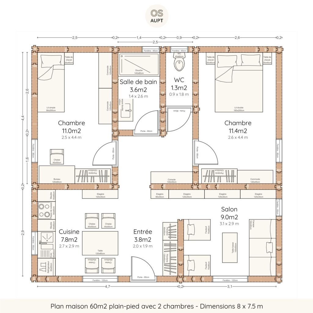 Plan maison 60m2 plain-pied avec 2 chambres - Dimensions 8 x 7.5 m