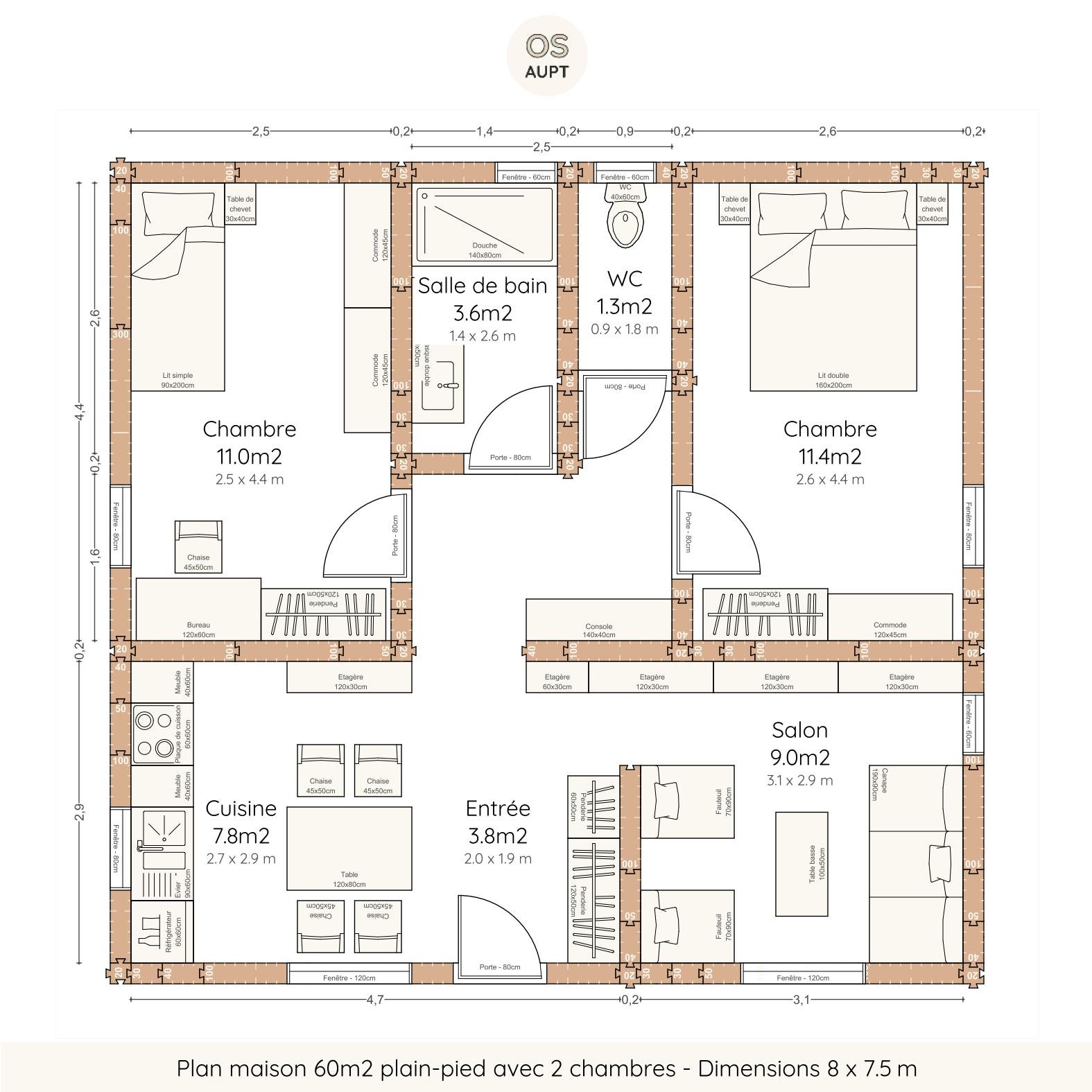 Plan maison 60m2 plain-pied avec 2 chambres - Dimensions 8 x 7.5 m