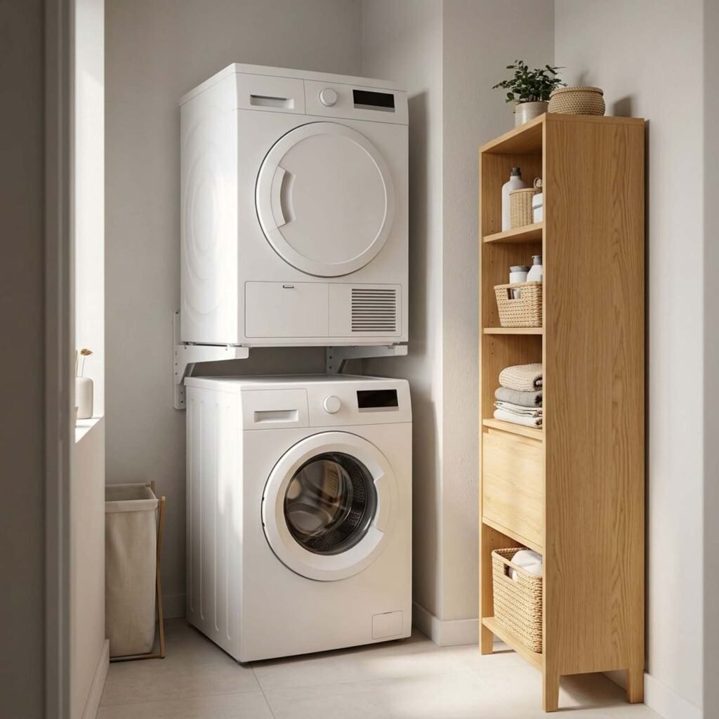 Placer un lave linge et un seche linge superposes dans une buanderie