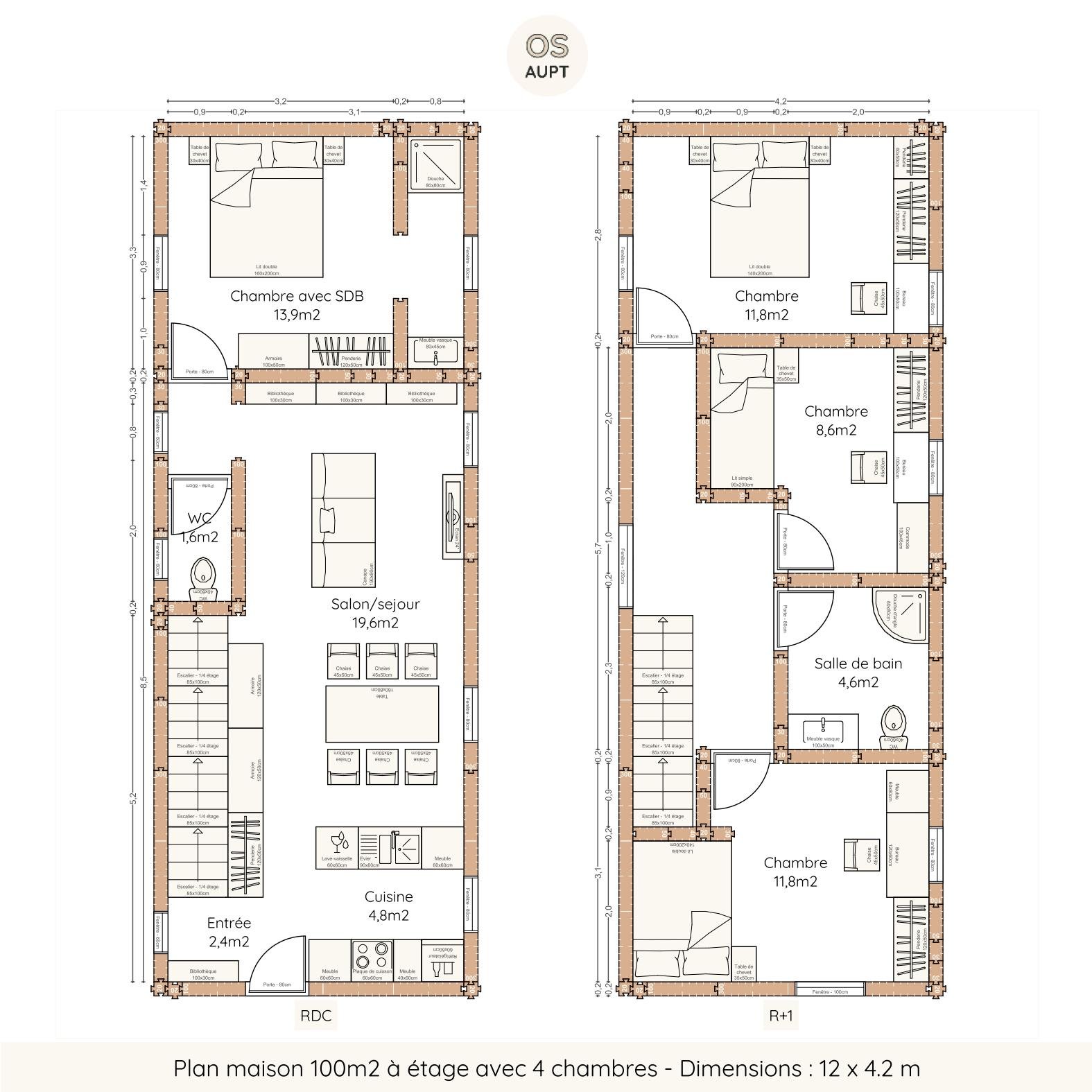 Plan maison 100m2 à étage avec 4 chambres - Dimensions 12 x 4.2 m