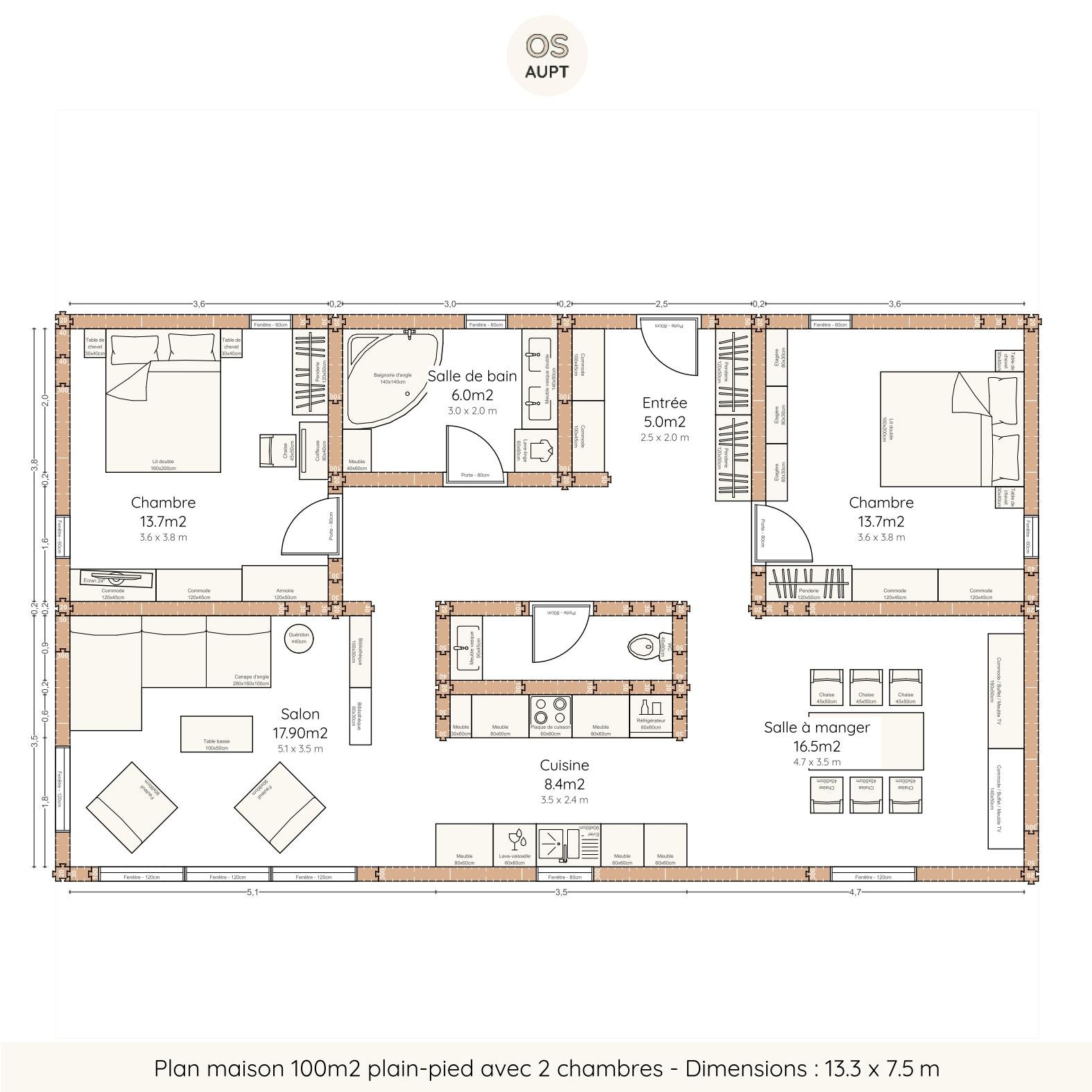 Plan maison 100m2 plain-pied avec 2 chambres - Dimensions 13.3 x 7.5 m