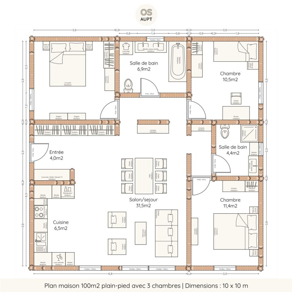plan maison 100m2 plain-pied avec 3 chambres - dimensions 10 x 10 m