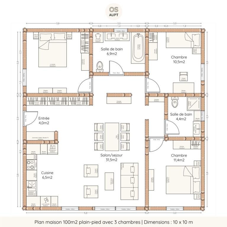 plan maison 100m2 plain-pied avec 3 chambres - dimensions 10 x 10 m