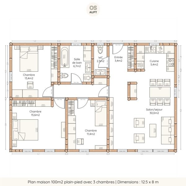 plan maison 100m2 plain-pied avec 3 chambres - dimensions 12.5 x 8 m
