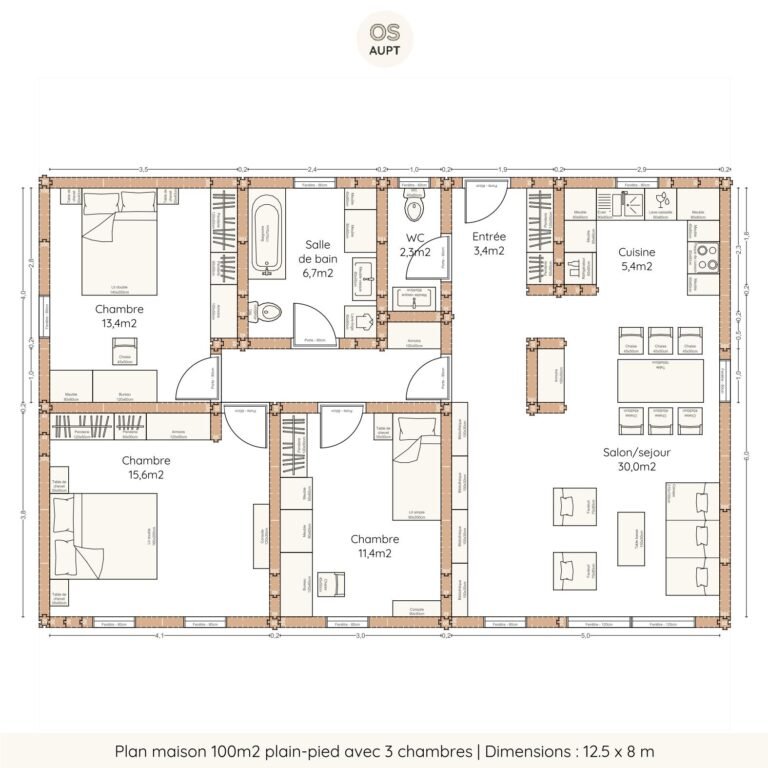 plan maison 100m2 plain-pied avec 3 chambres - dimensions 12.5 x 8 m